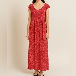 APRICOT Floral Flowy Lightweight Cap Sleeve Slit Maxi Sundress Dress Red White